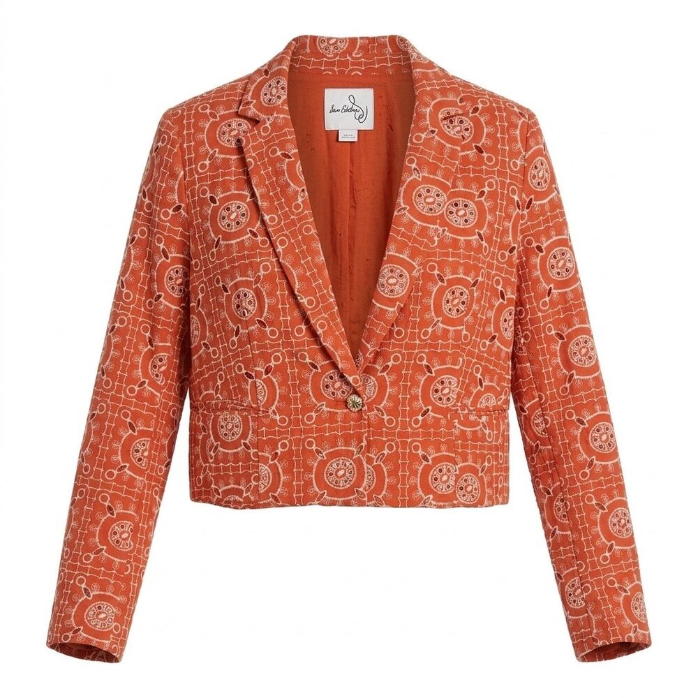 Sam Edelman Leia Cropped Blazer S Tigerlily Orange White Embroidered Cotton NWT
